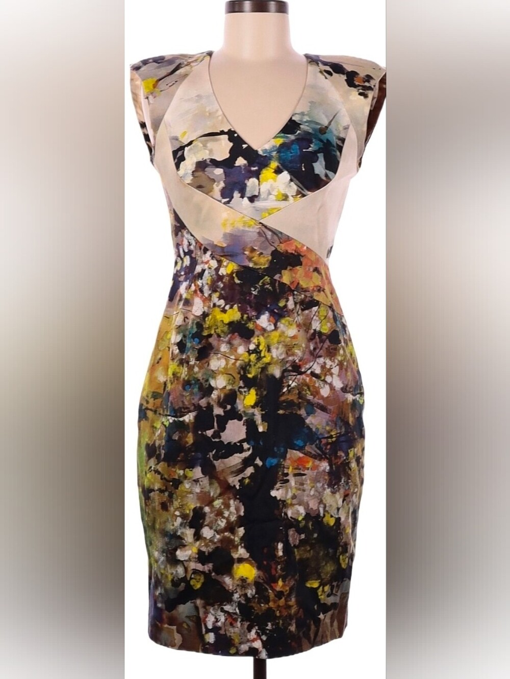Black Halo Multicolor Abstract Sheath Dress with Cream Accents
